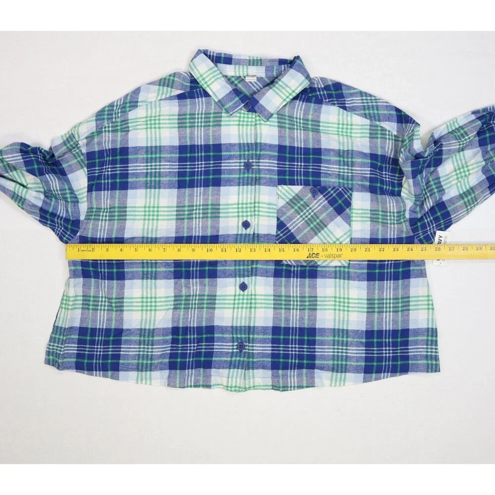 Old Navy Flannel Pajama Shirt Youth XL Blue Green Plaid Lounge Sleep Top